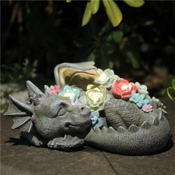 Garden Dragon Statue Outdoor Decor, Coiled Sleeping Dragon Figurine Solar Light - Picture 1 of 7